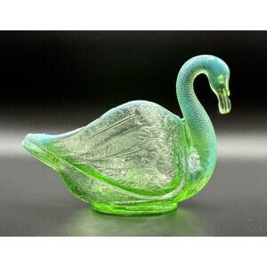 Antique Dugan Green Opalescent Glass Swan Salt Cellar Trinket Dish 3.5”